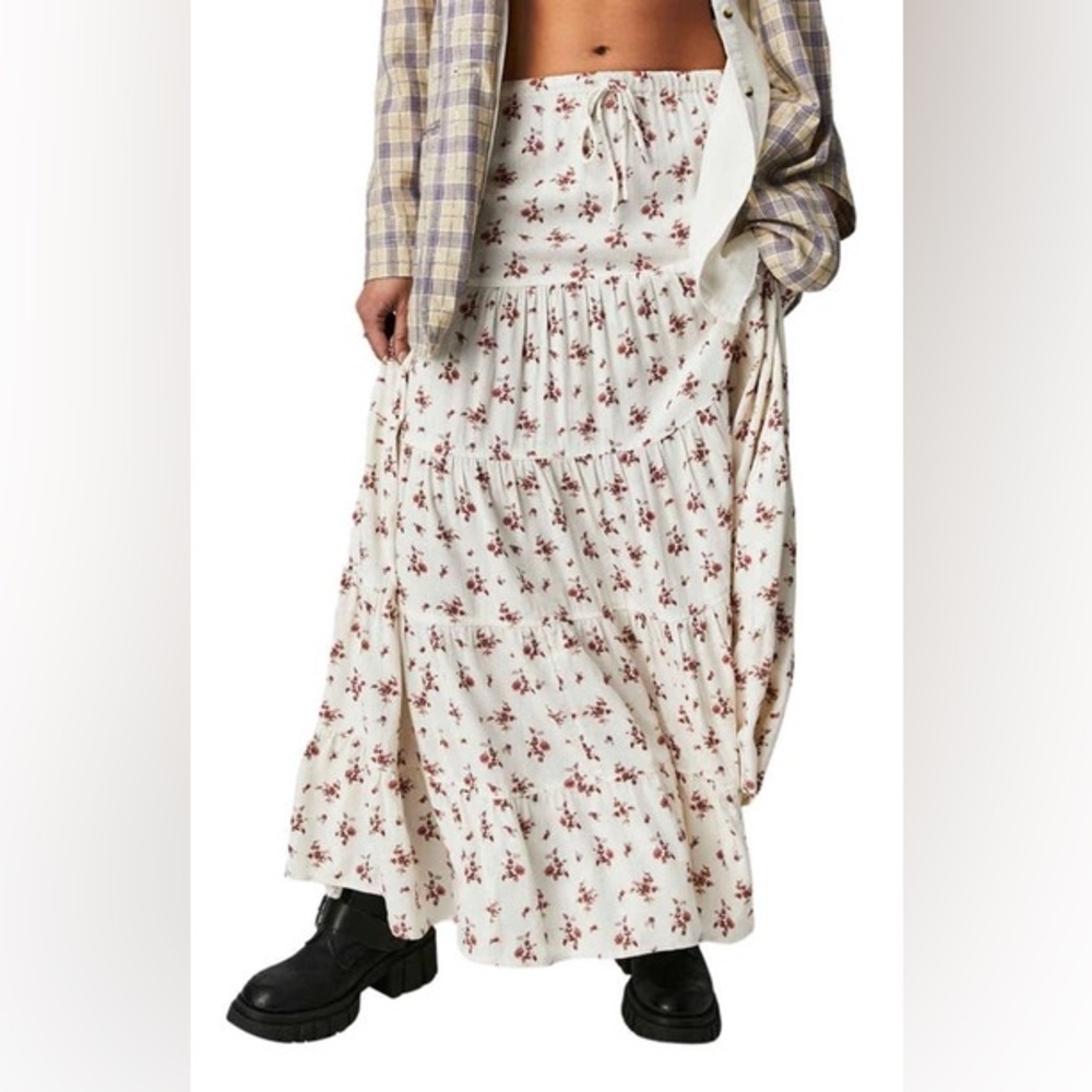 Free People Floral Maxi Skirt - Cream and Red